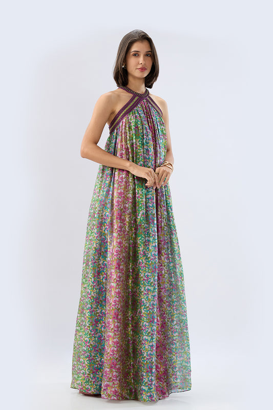 Multicolor Halter Neck Floral Maxi Dress