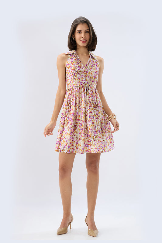 Ivory Sleeveless Floral Short Dress