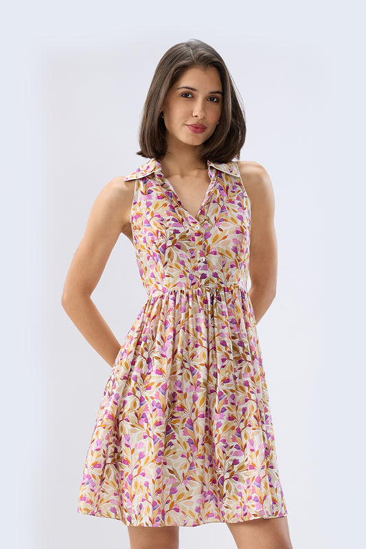 Ivory Sleeveless Floral Short Dress