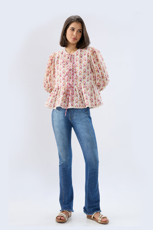 Ivory Floral Tie-up  Peplum Top