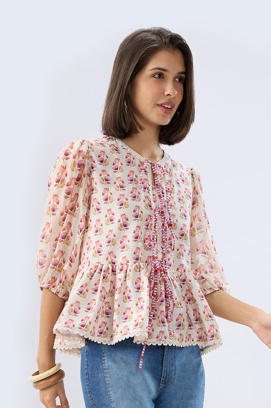 Ivory Floral Tie-up  Peplum Top