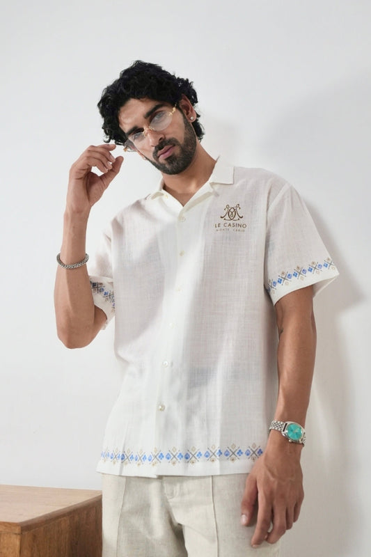 White Monte Carlo Cuban Collar Shirt