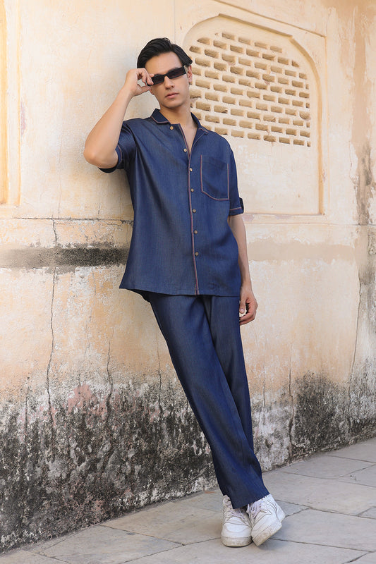 Dark Blue Denim Cuban Collar Shirt