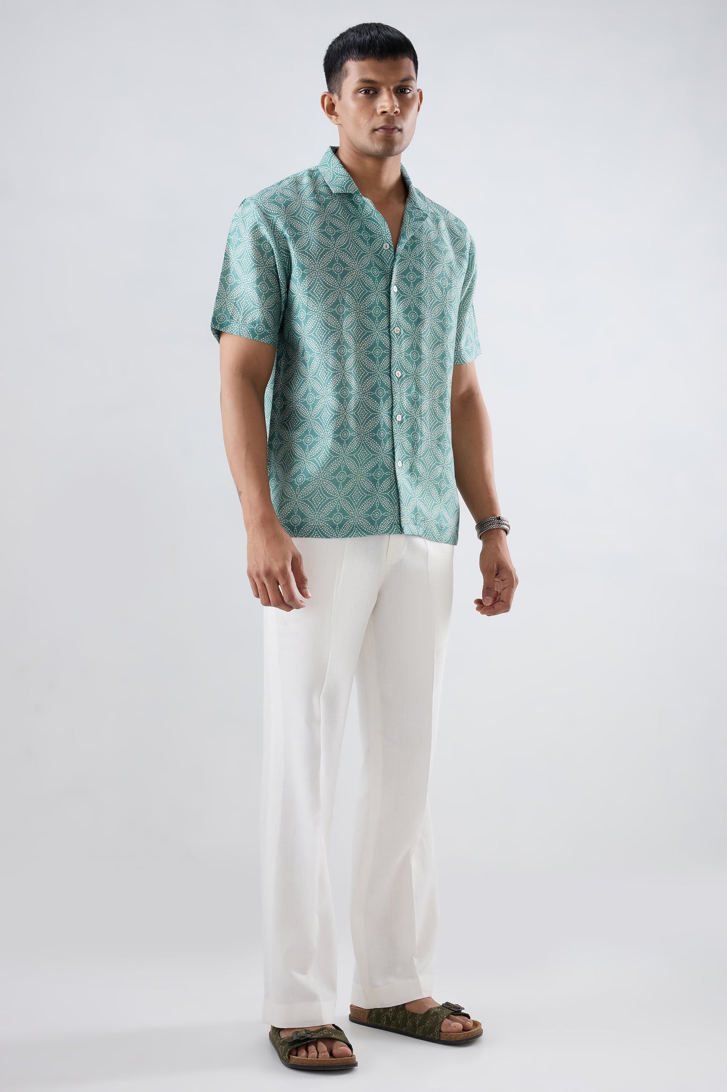Turquoise Bandhani Cuban Collar Shirt