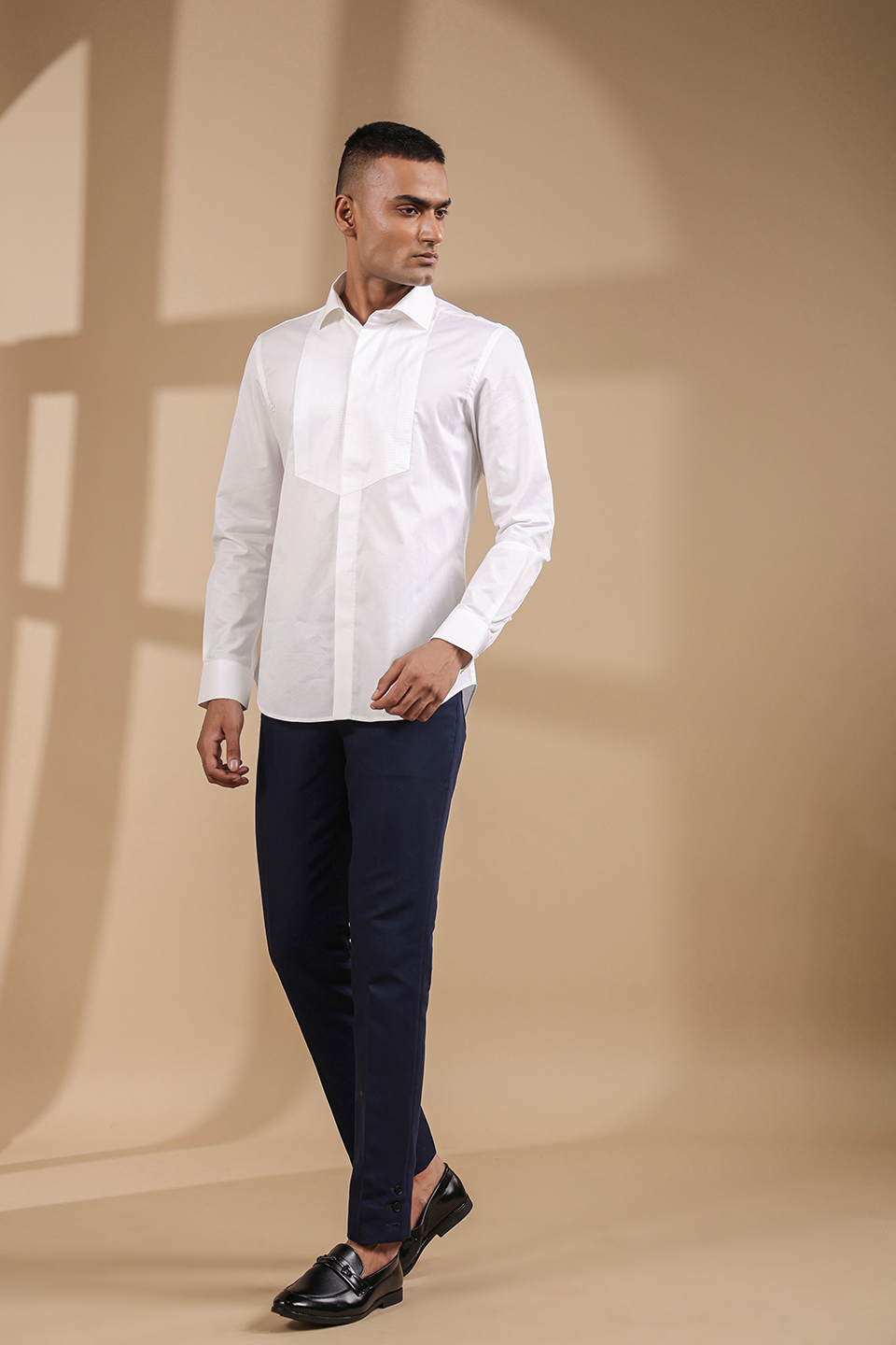 White Full Sleeves Textured Half Yoke Shirt
