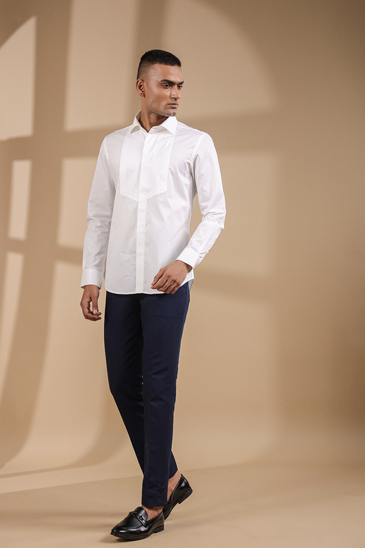 White Full Sleeves Textured Half Yoke Shirt
