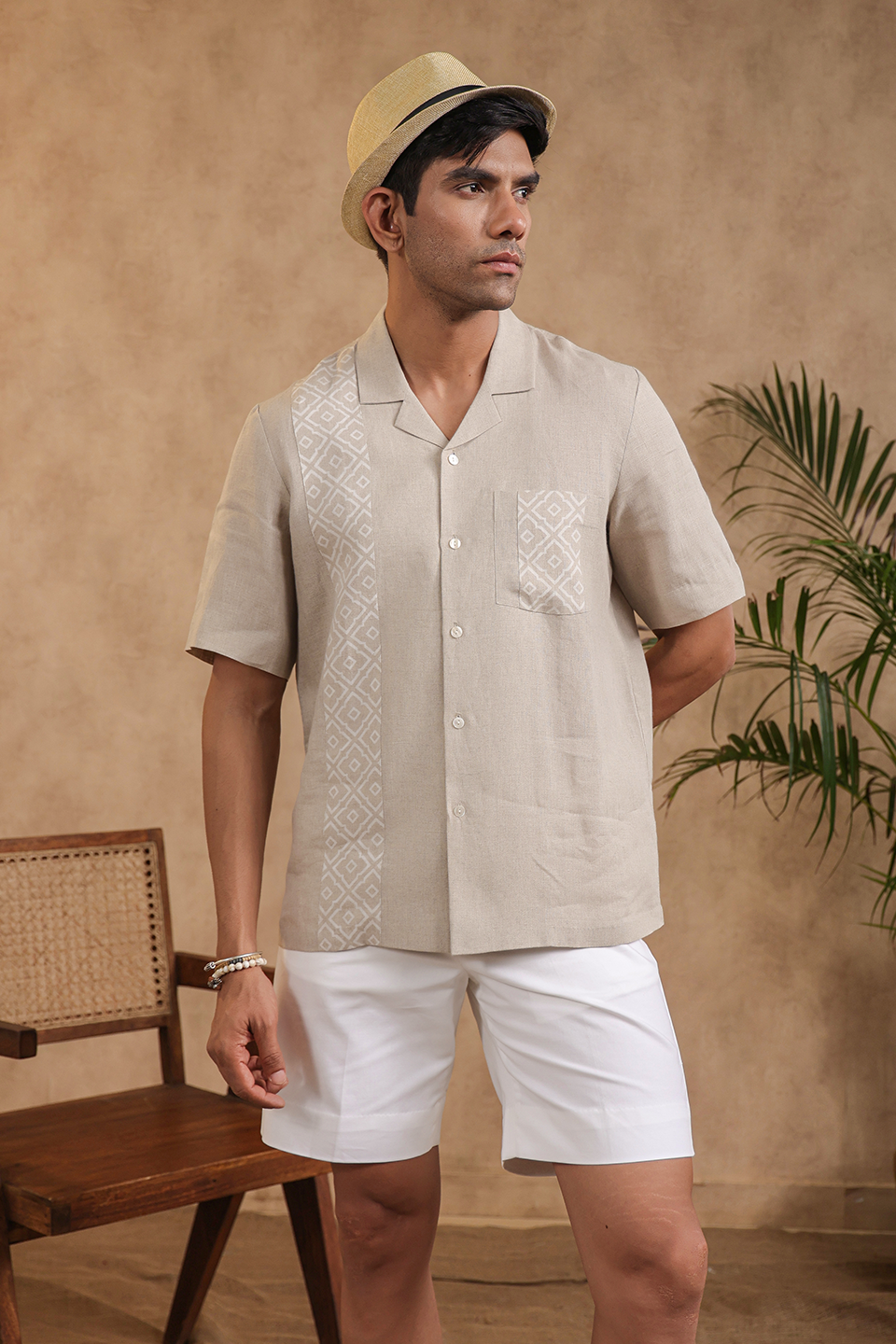 Beige Hawaiian Shirt With Moroccan Yokes