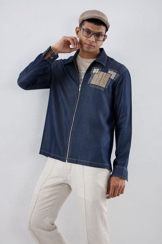 Dark Blue Denim Midnight Mosaic Zipper Patchwork Shacket