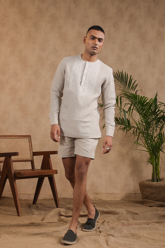 Full Sleeves Collarless Signature Kurta Shirt With Moroccan Yokes