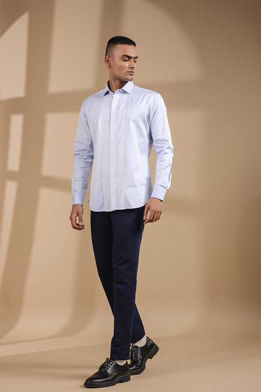 Blue Full Sleeves Houndstooth Vertical Yoke Shirt