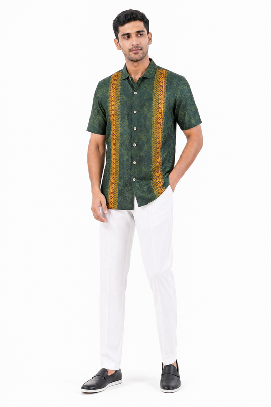 Olive Green Linear Silk Cuban Collar Shirt