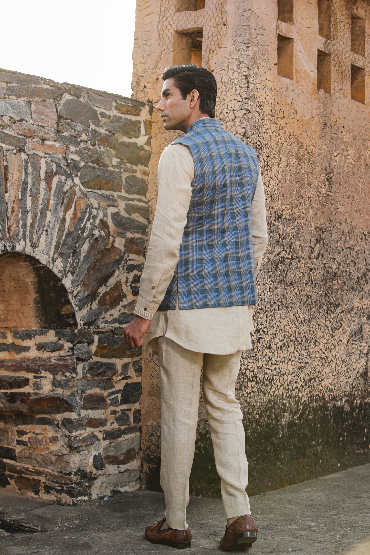 Beige Signature Reversible Checkered Bandi & Kurta Set