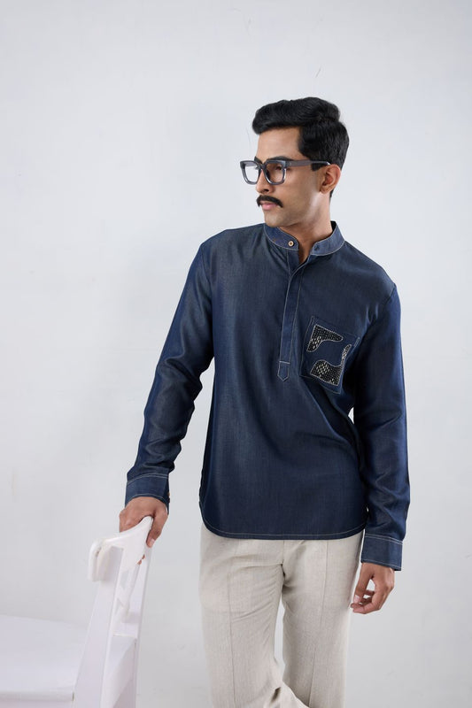 Dark Blue Denim Kantha Pocket Patchwork Kurta Shirt