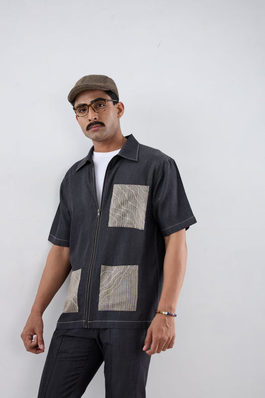 Black Denim Urban Wind Zipper Patchwork Shirt