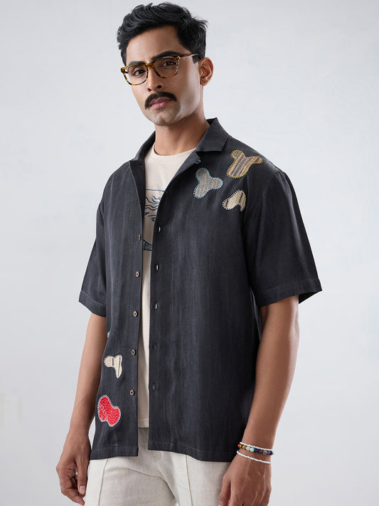 Black Denim Grid Patchwork Shirt