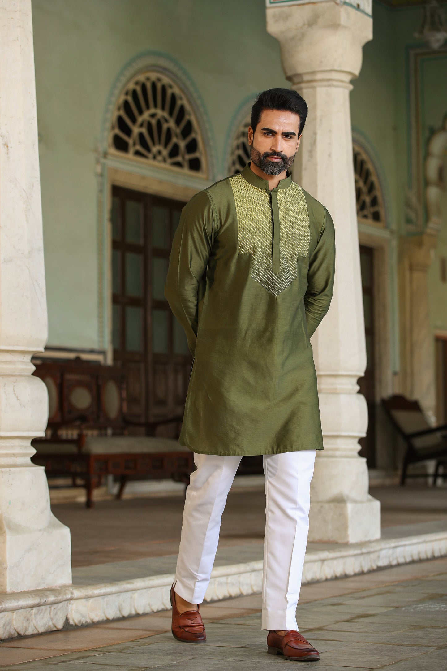 Green Cross Stitch Ombré Silk Kurta