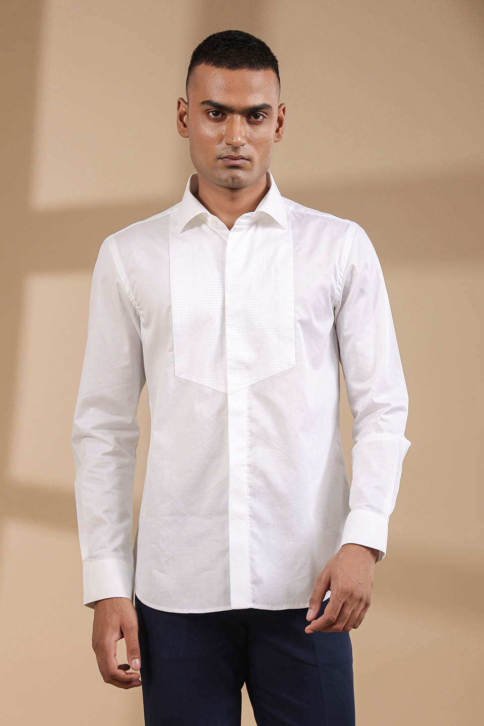 White Full Sleeves Textured Half Yoke Shirt