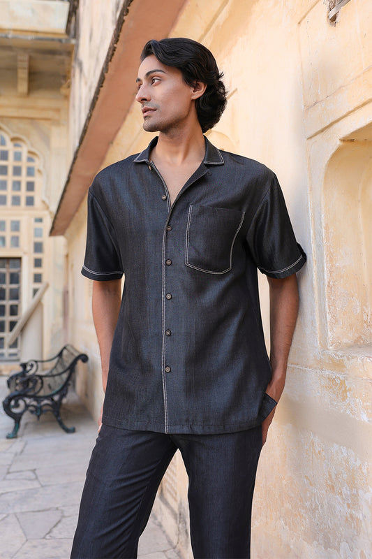 Black Denim Cuban Collar Shirt