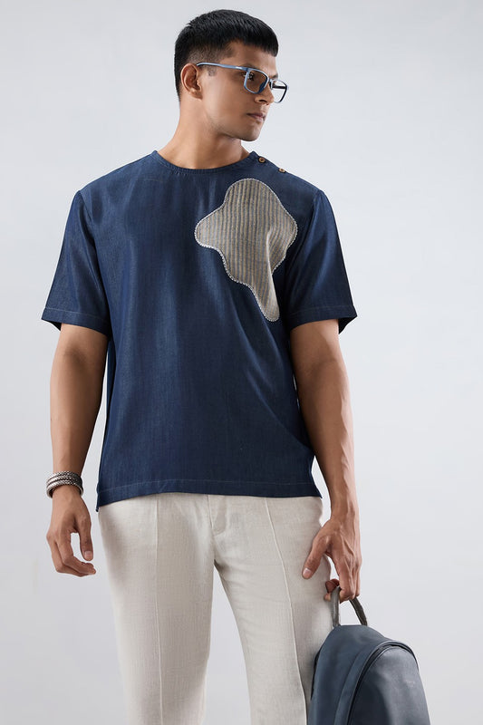 Dark Blue Denim Abstract Patchwork T-shirt