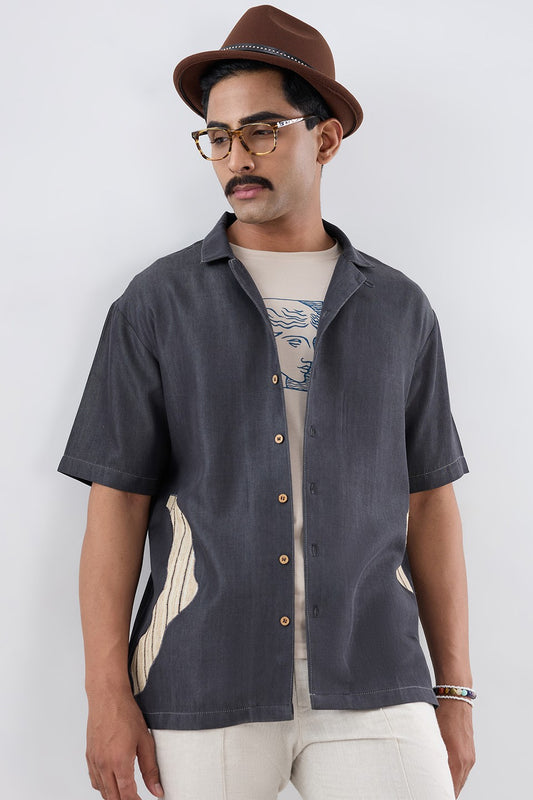 Black Denim Asymmetric Patchwork Shirt