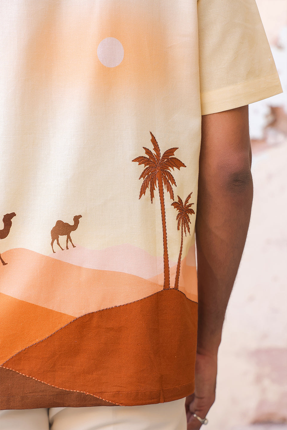 Yellow Embroidered Cuban Collar Shirt Camel