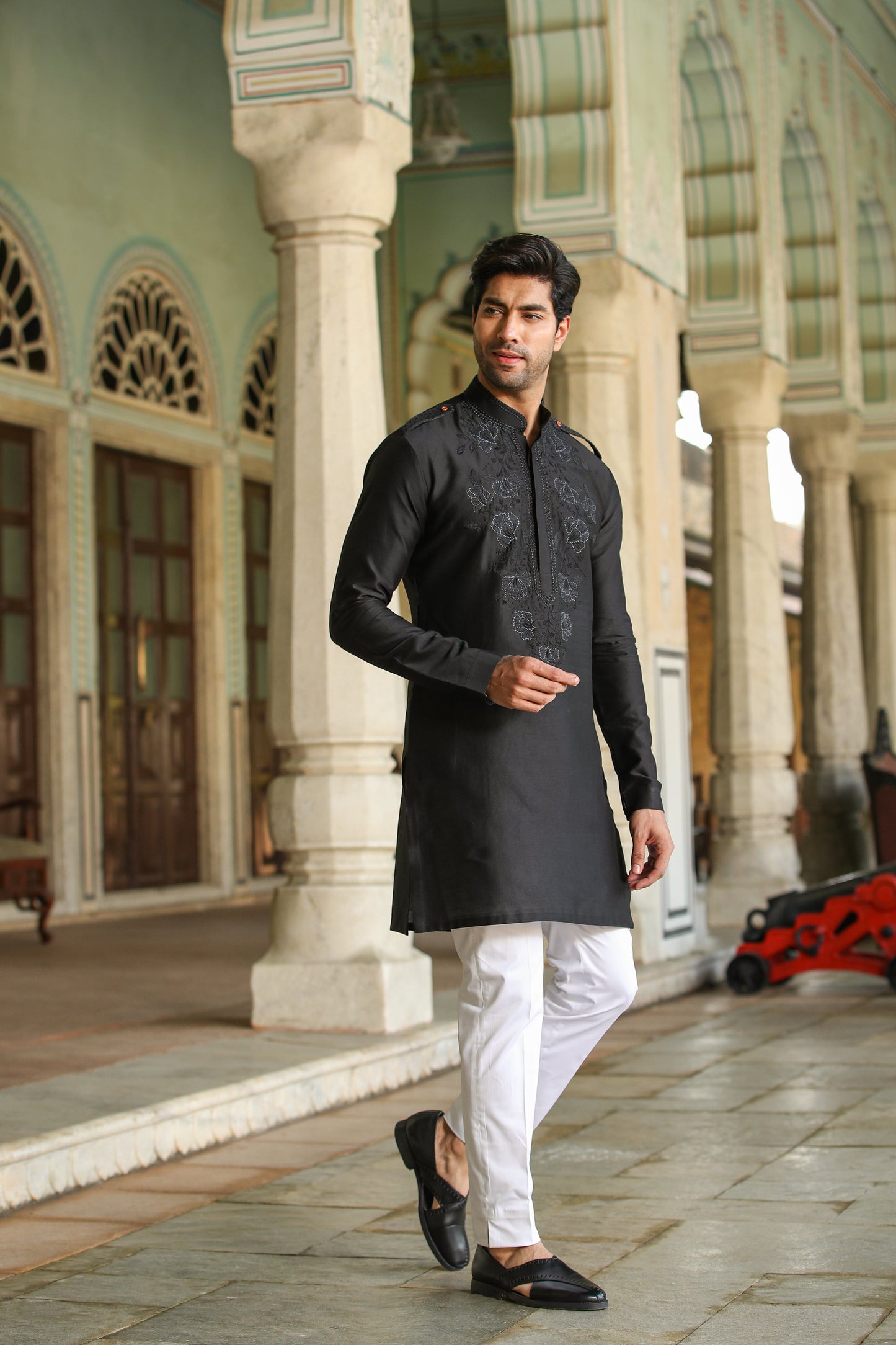 Black Applique Embroidered Silk Kurta