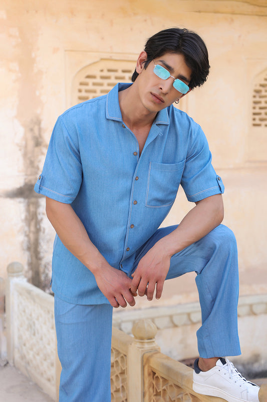 Light Blue Denim Cuban Collar Shirt