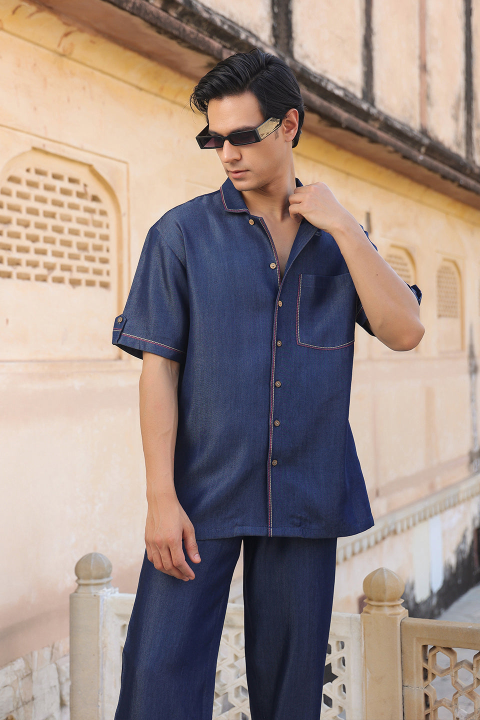 Dark Blue Denim Cuban Collar Shirt