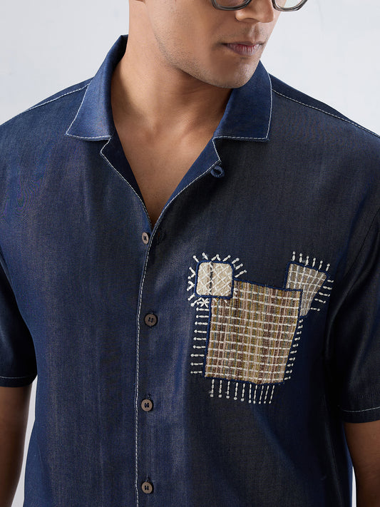 Dark Blue Denim Midnight Mosaic Patchwork Shirt
