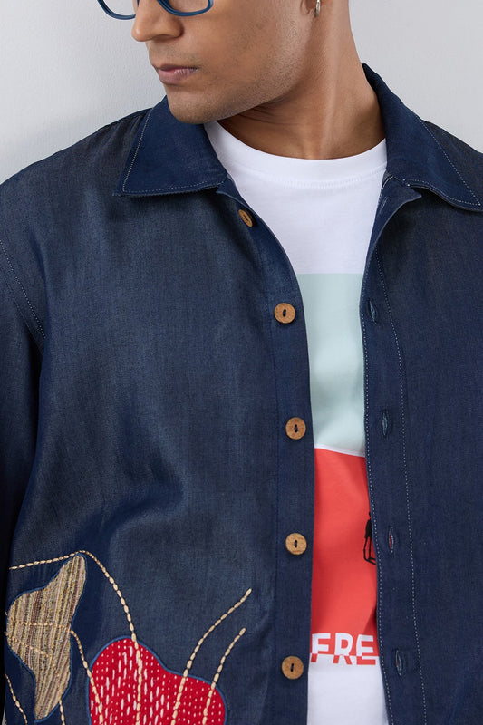 Dark Blue Denim Rust Panel Patchwork Shacket