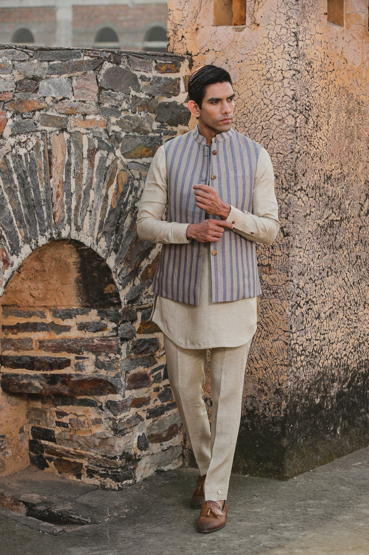 Beige Signature Reversible Checkered Bandi & Kurta Set