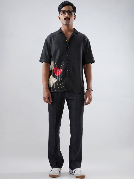 Black Denim Rust Panel Patchwork Shirt
