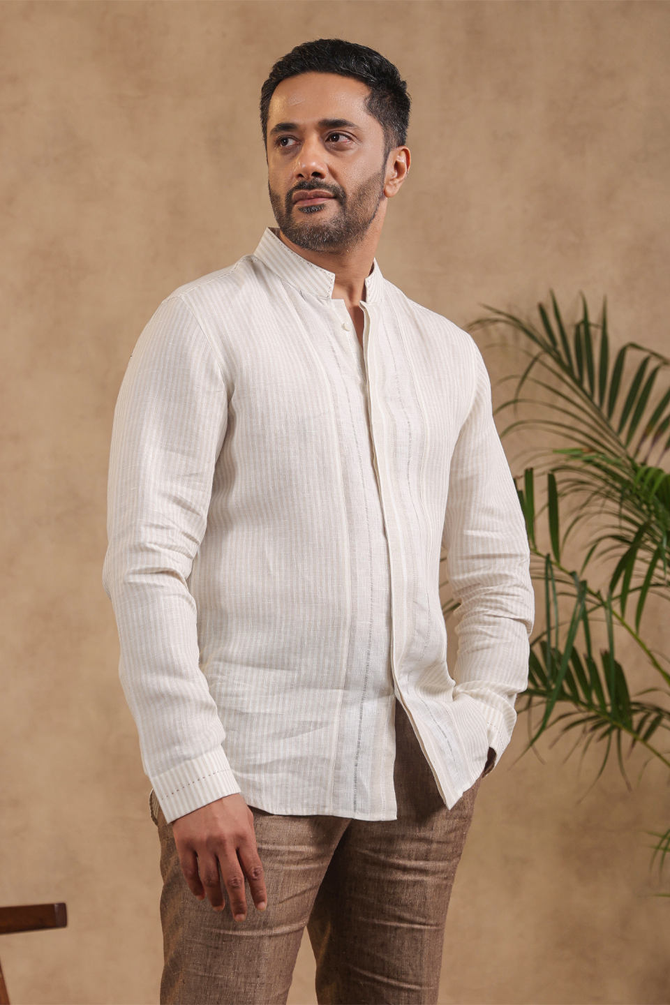 Full Sleeves Mandarin Collar Striped Shirt With Striped Yoke