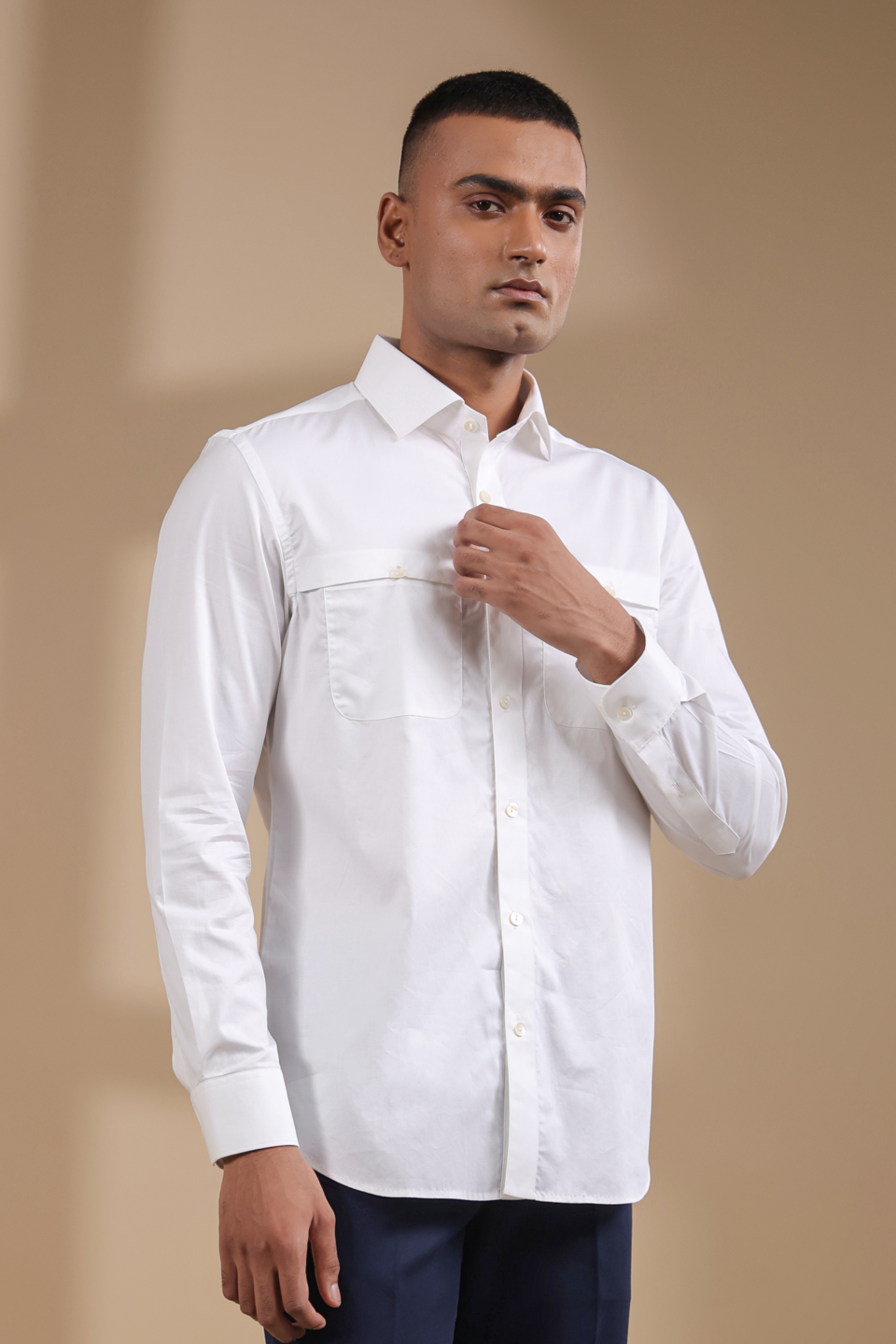 White Full Sleeves Patch Pocket Shirt