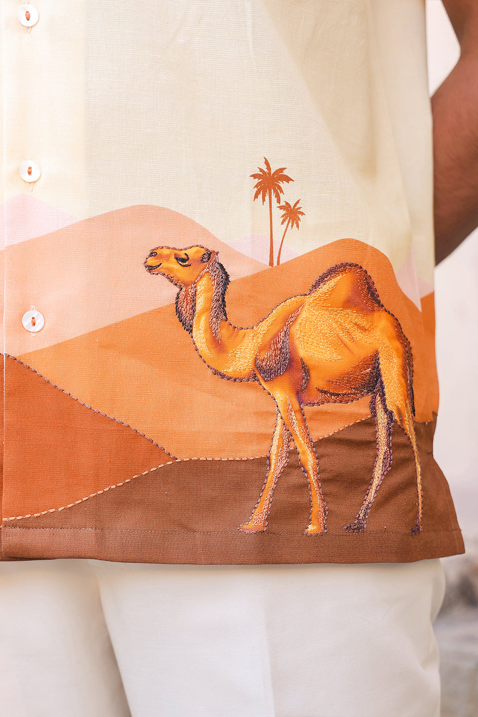 Yellow Embroidered Cuban Collar Shirt Camel