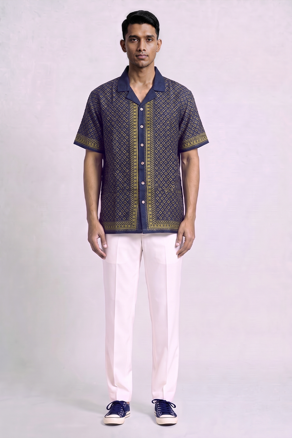 Blue Mosiac Silk Cuban Collar Shirt