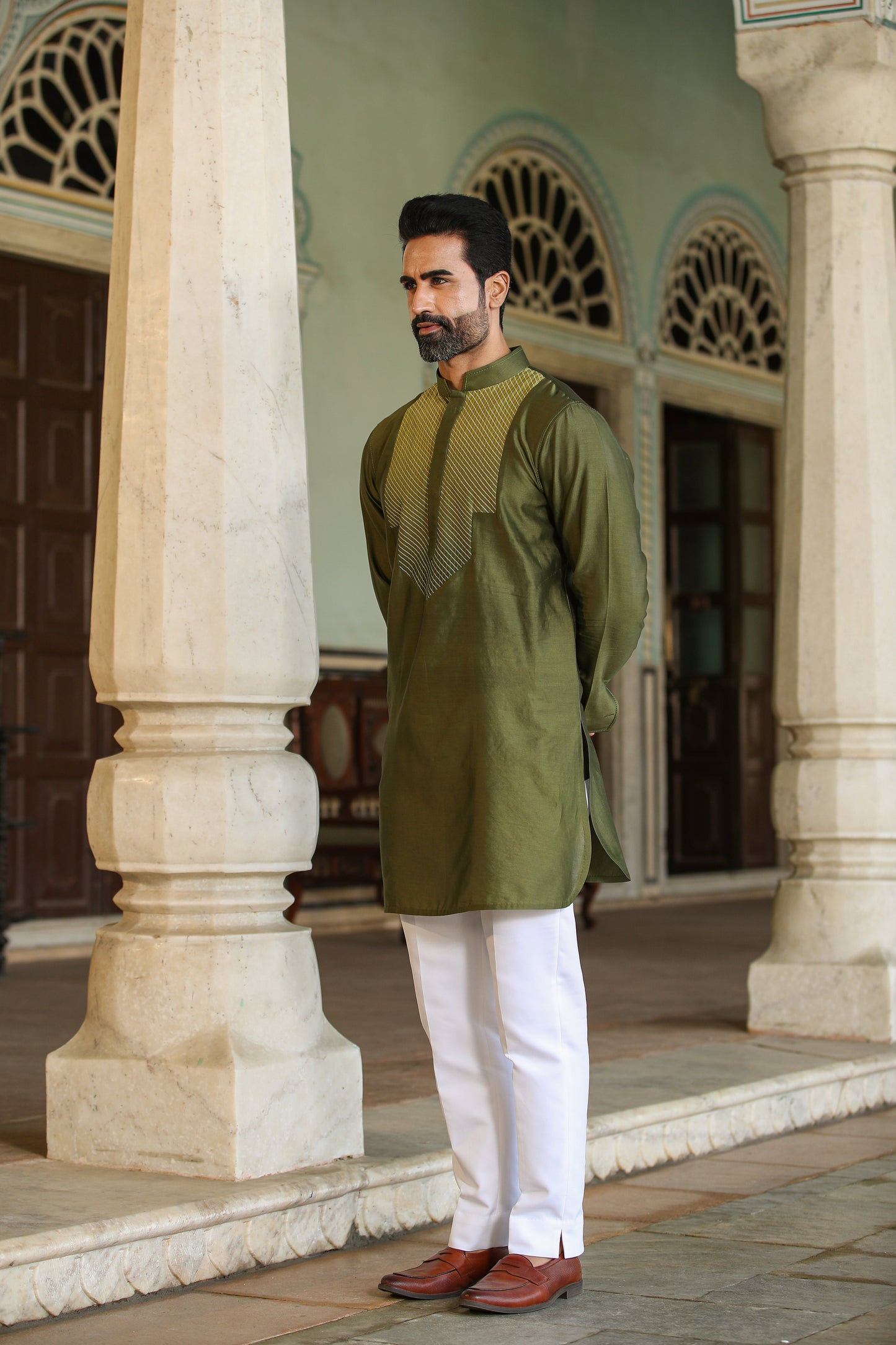 Green Cross Stitch Ombré Silk Kurta