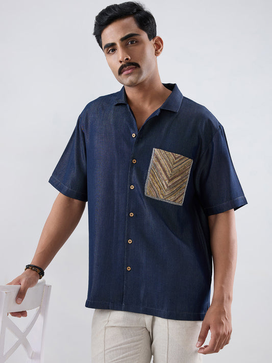 Dark Blue Denim Earth Patchwork Shirt