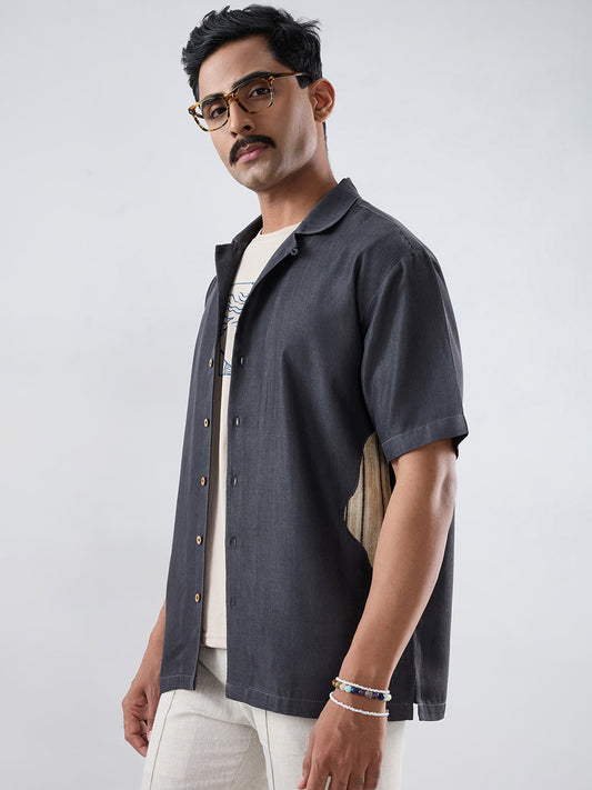 Black Denim Asymmetric Patchwork Shirt