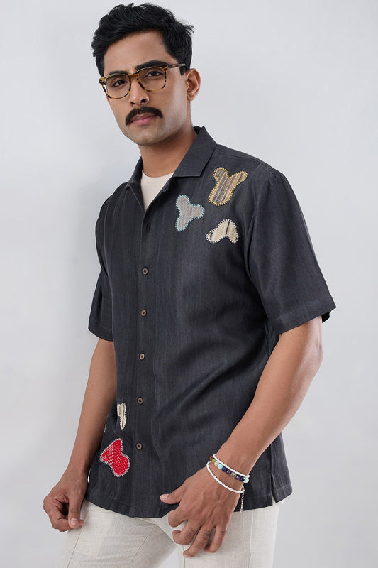 Black Denim Grid Patchwork Shirt