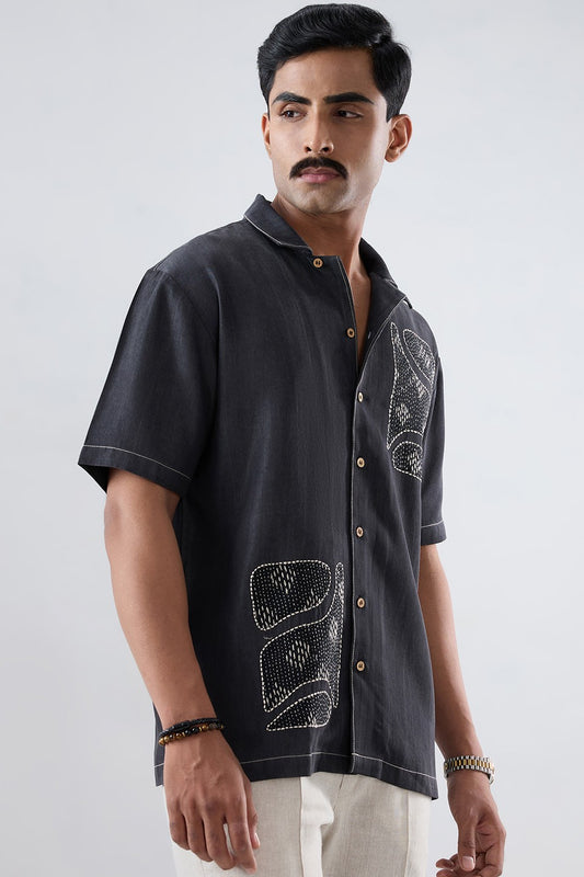 Black Denim Kantha Patchwork Shirt