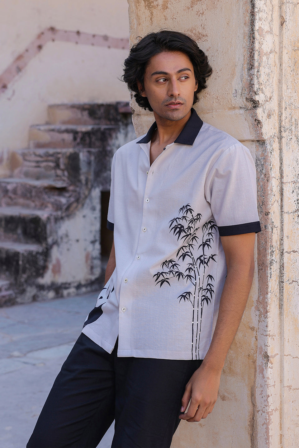 Ivory Embroidered Cuban Collar Shirt Panda