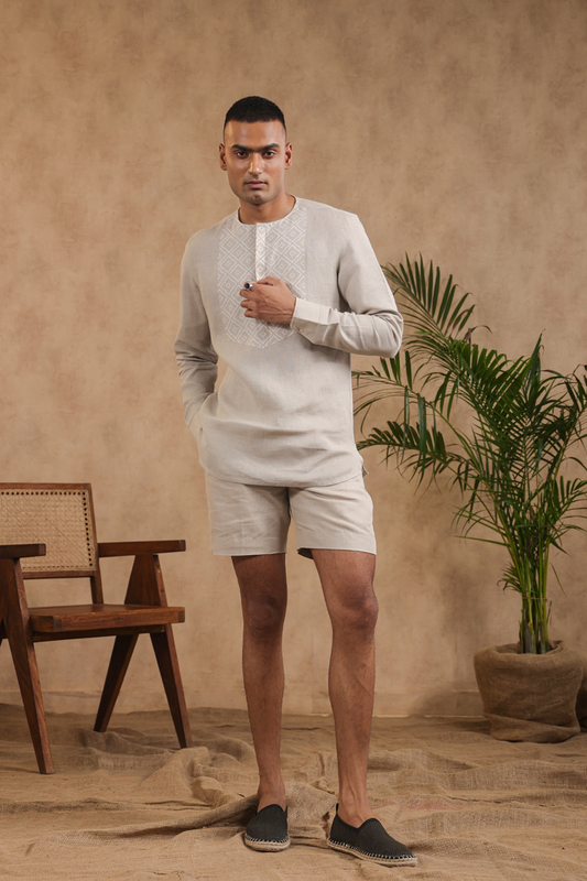 Full Sleeves Collarless Signature Kurta Shirt With Moroccan Yokes