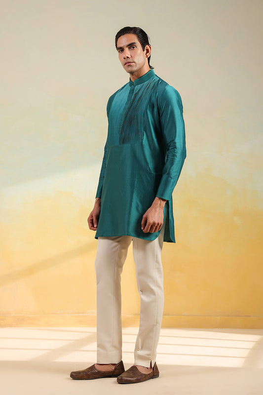 Teal Blue Pintuck Ombré Silk Kurta