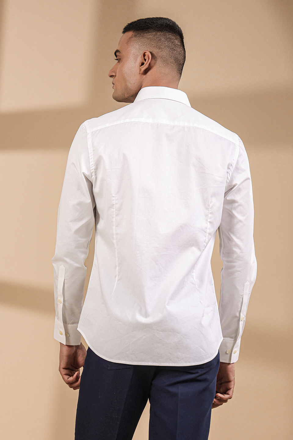 White Full Sleeves Textured Half Yoke Shirt
