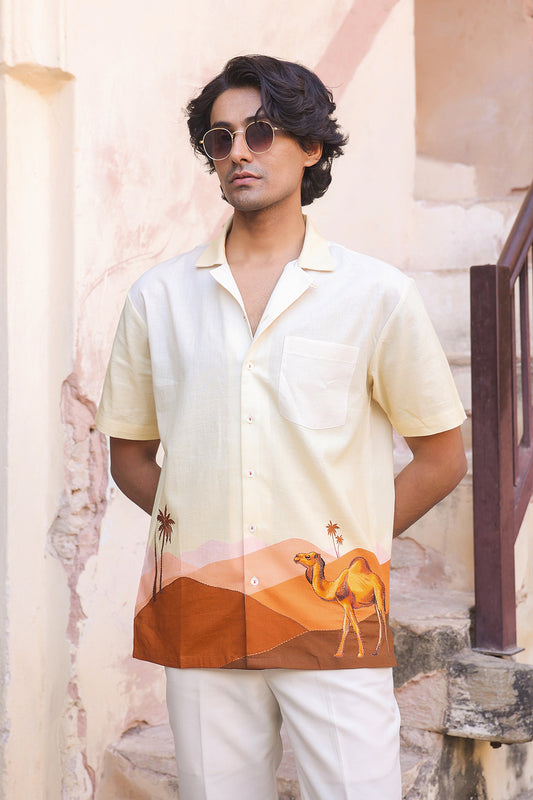 Yellow Embroidered Cuban Collar Shirt Camel