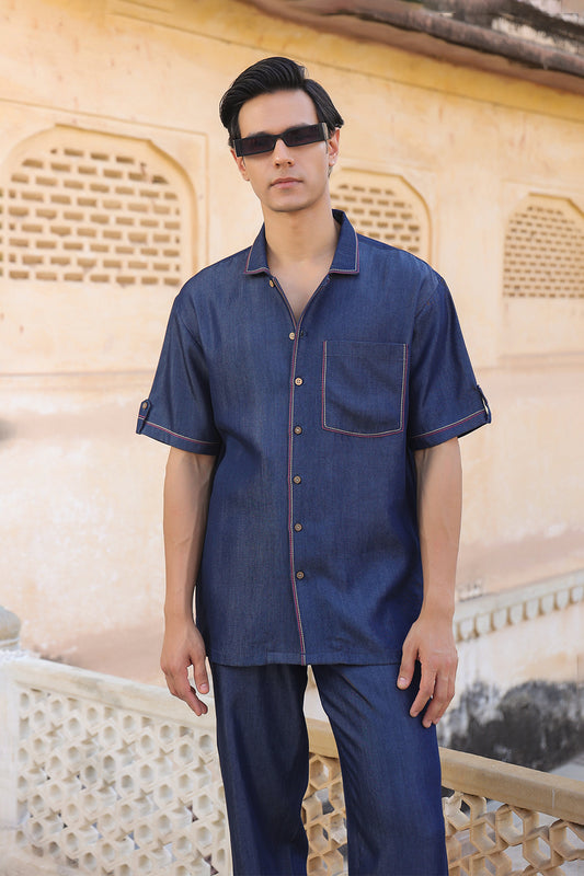 Dark Blue Denim Cuban Collar Shirt