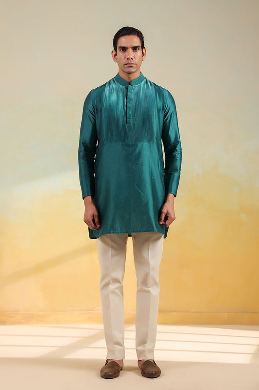 Teal Blue Pintuck Ombré Silk Kurta