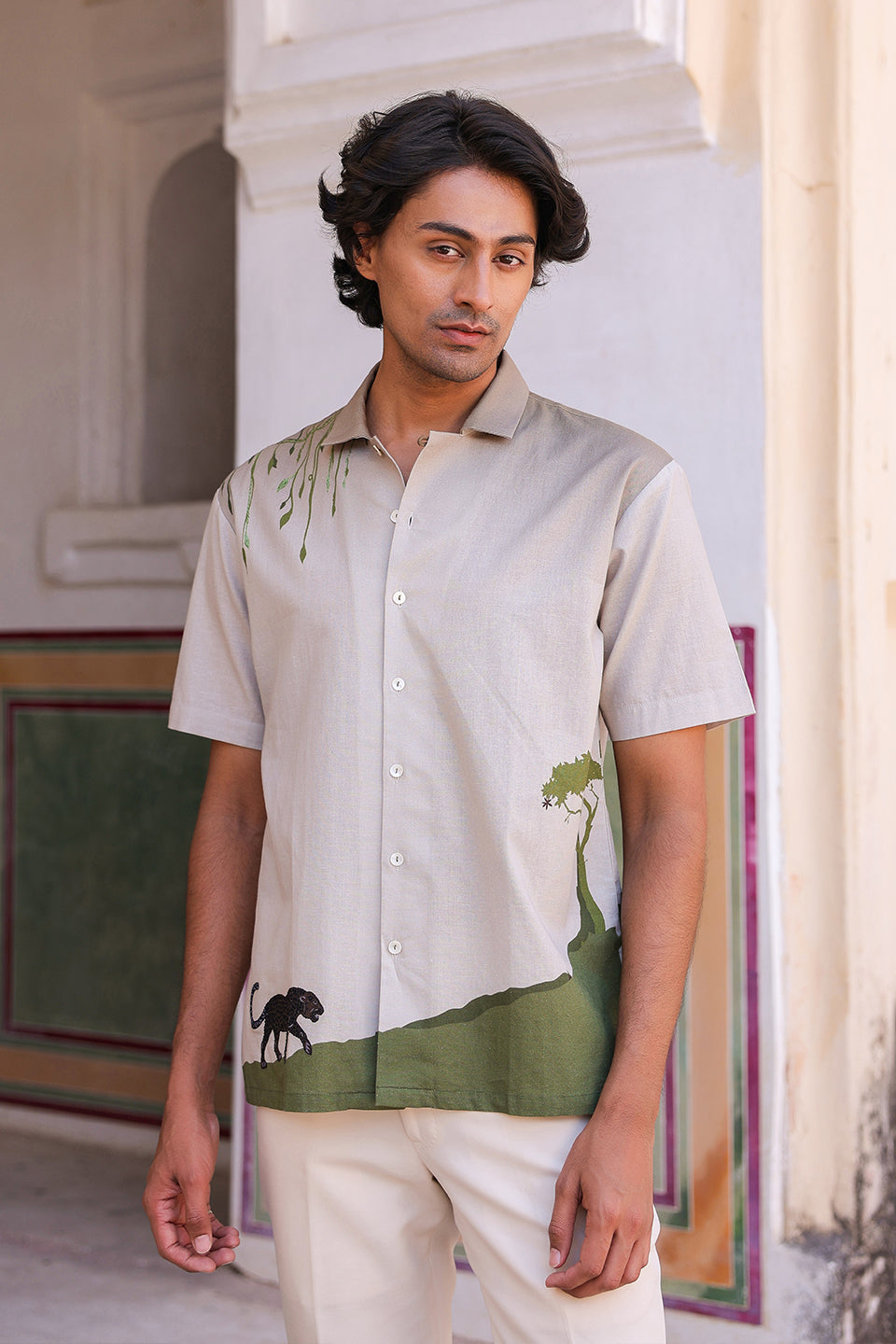 Ivory Embroidered Cuban Collar Shirt Panther