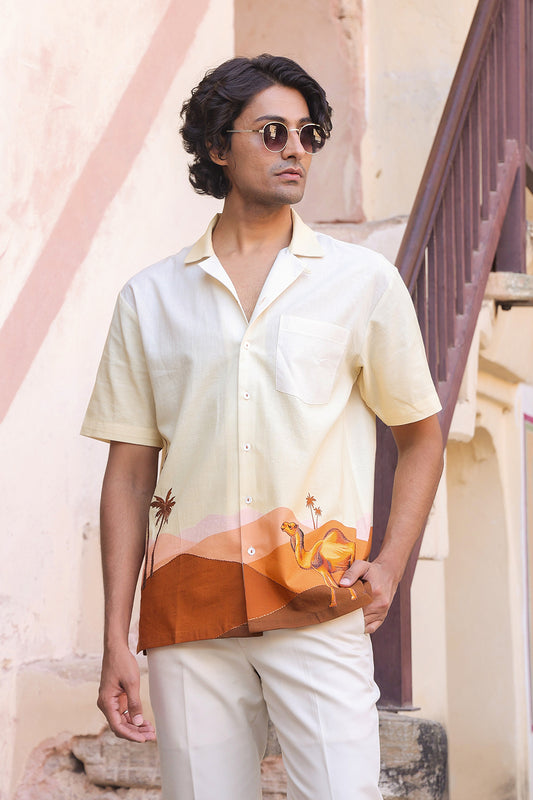 Yellow Embroidered Cuban Collar Shirt Camel